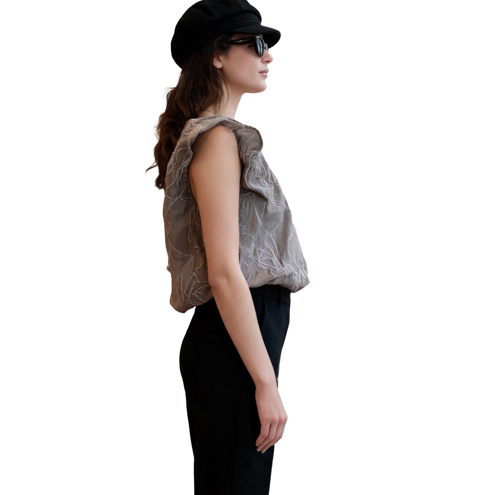 Grey Sleeveless Shiny Embroidery Flexible Blouse -M  UK Size fits to 12 14