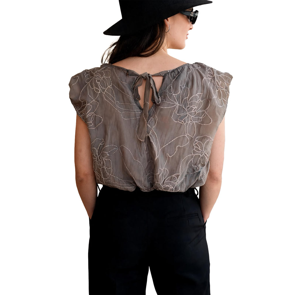 Grey Sleeveless Shiny Embroidery Flexible Blouse -M  UK Size fits to 12 14
