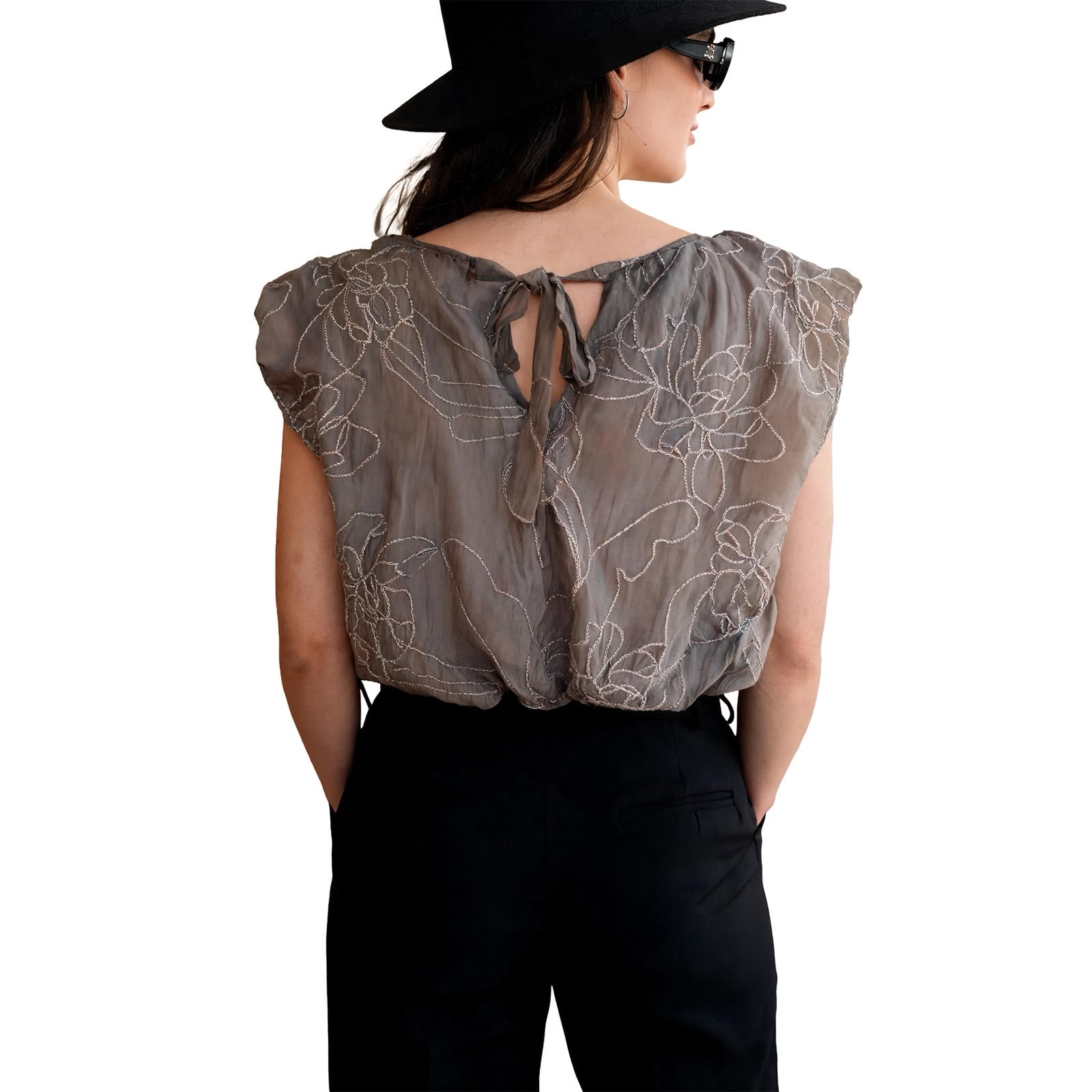 Grey Sleeveless Shiny Embroidery Flexible Blouse -M  UK Size fits to 12 14