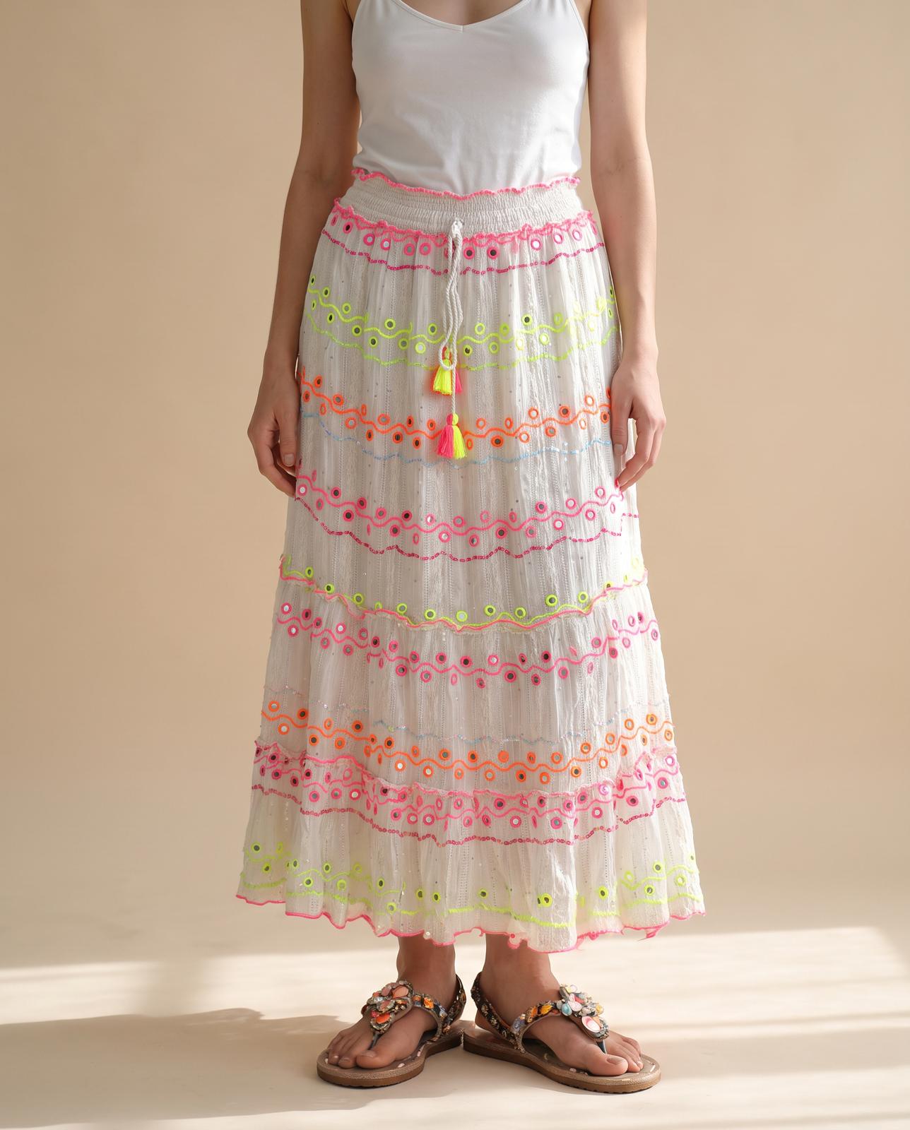 Women's Chic White Ladies Maxi Skirt With Multi colored Embroidery Work - One Size fits to UK 8 10 12 14