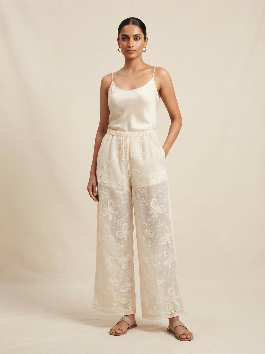 Ladies Elegant Embroidery Wide Leg Trousers - One Size