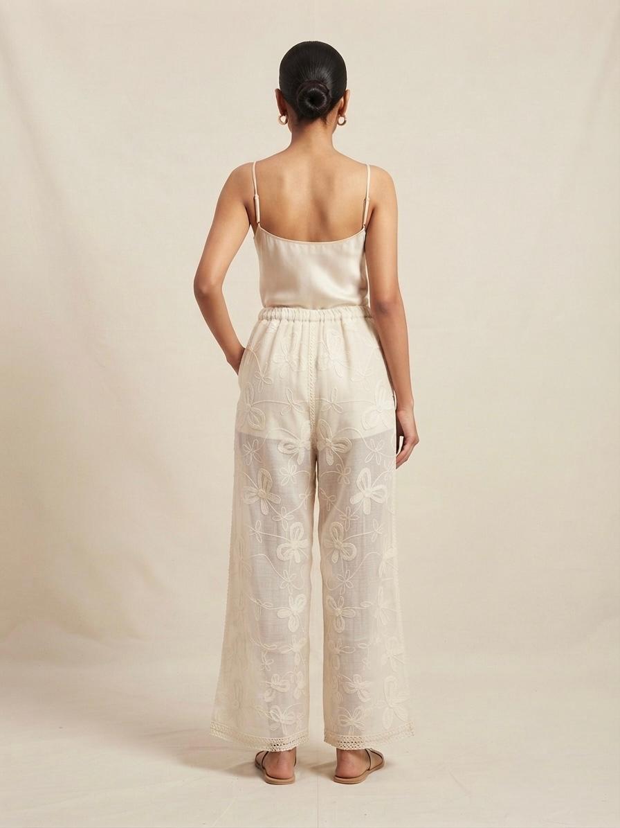 Ladies Elegant Embroidery Wide Leg Trousers - One Size