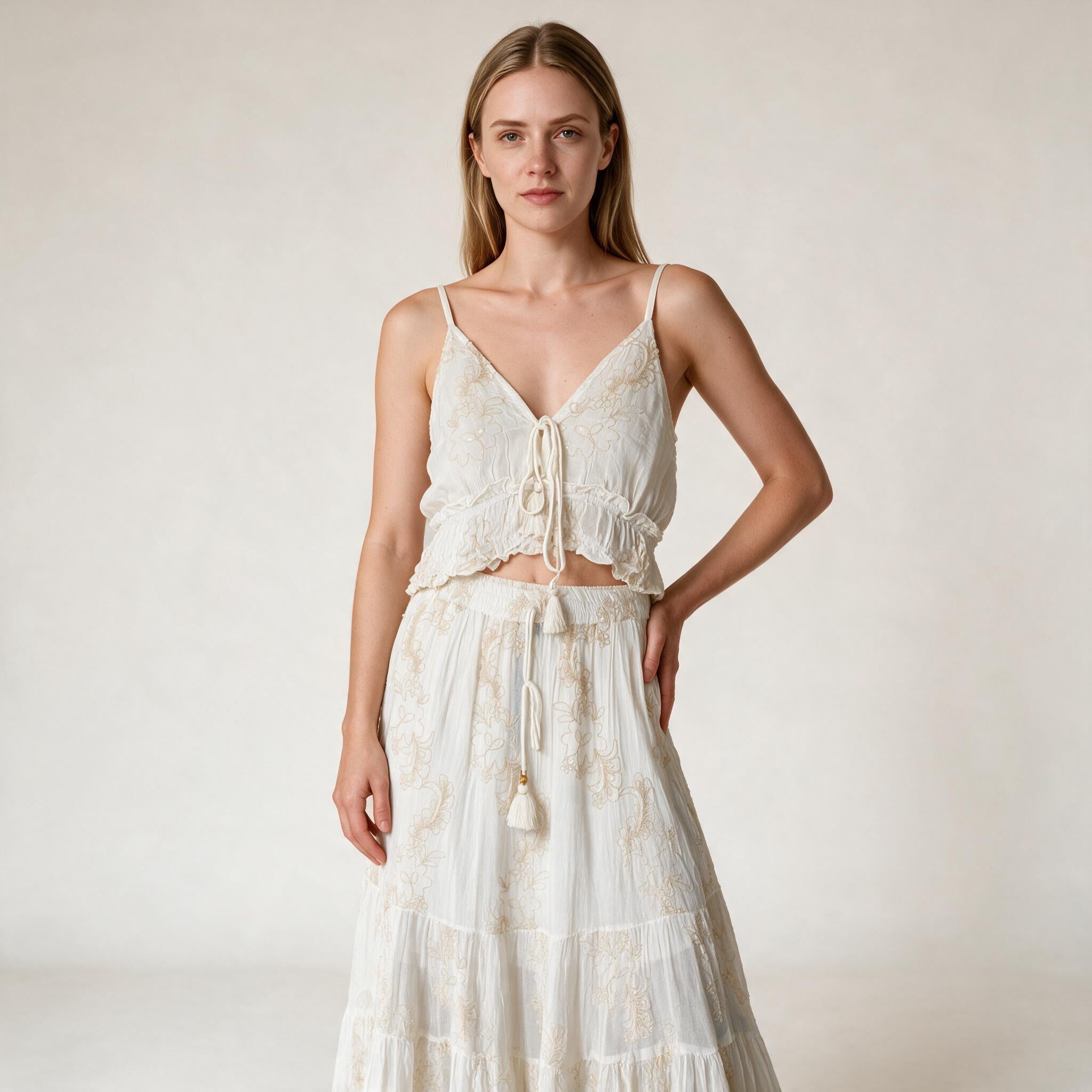 Women's White Embroidery Skirt & Blouse Party Dress