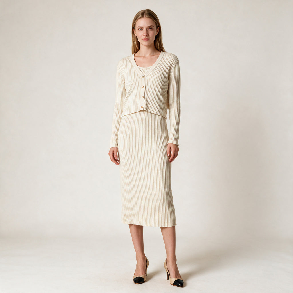 Women's Beige Knitted Two Piece Formal Dress
