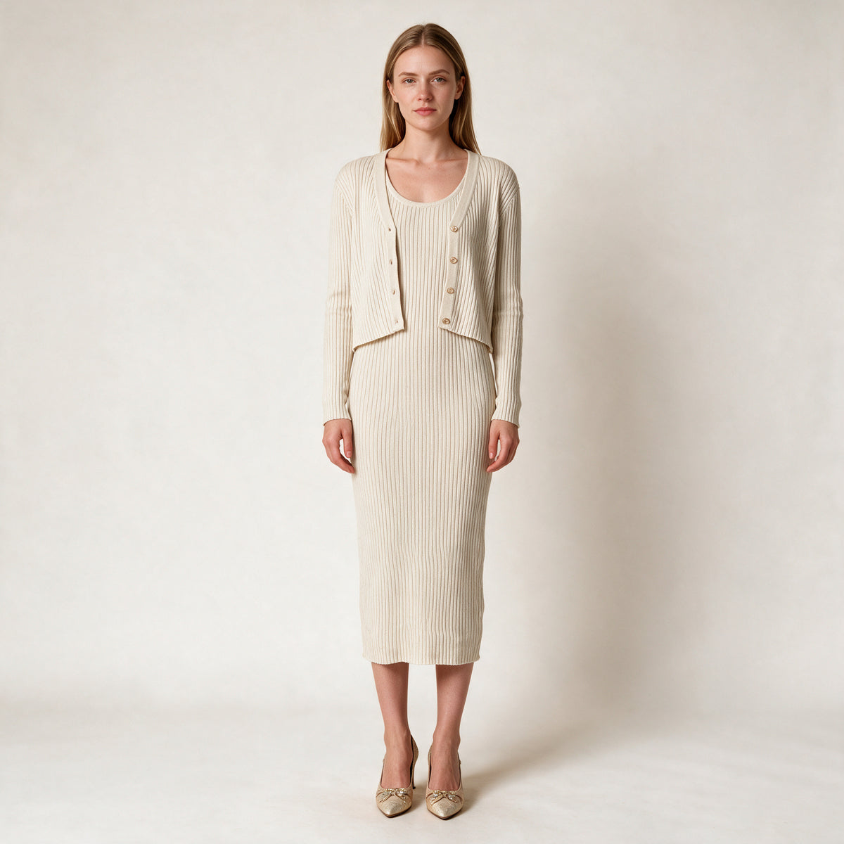 Women's Beige Knitted Two Piece Formal Dress