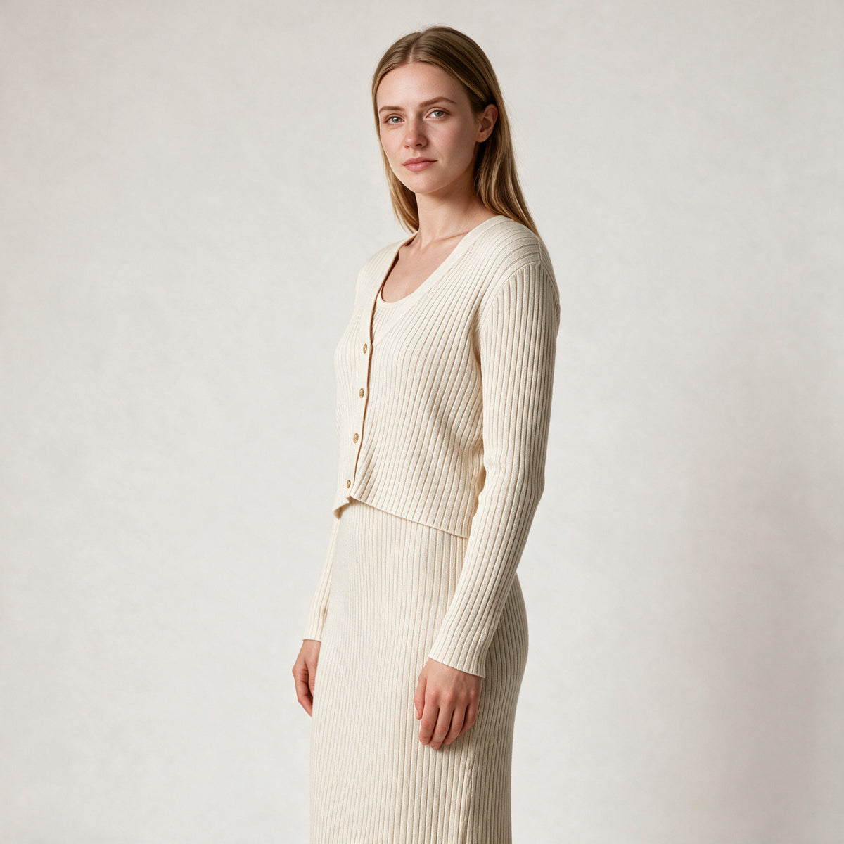 Women's Beige Knitted Two Piece Formal Dress