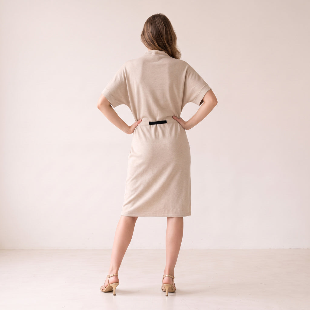 Women's Beige Midi Dress - Fall Winter Knit Dress