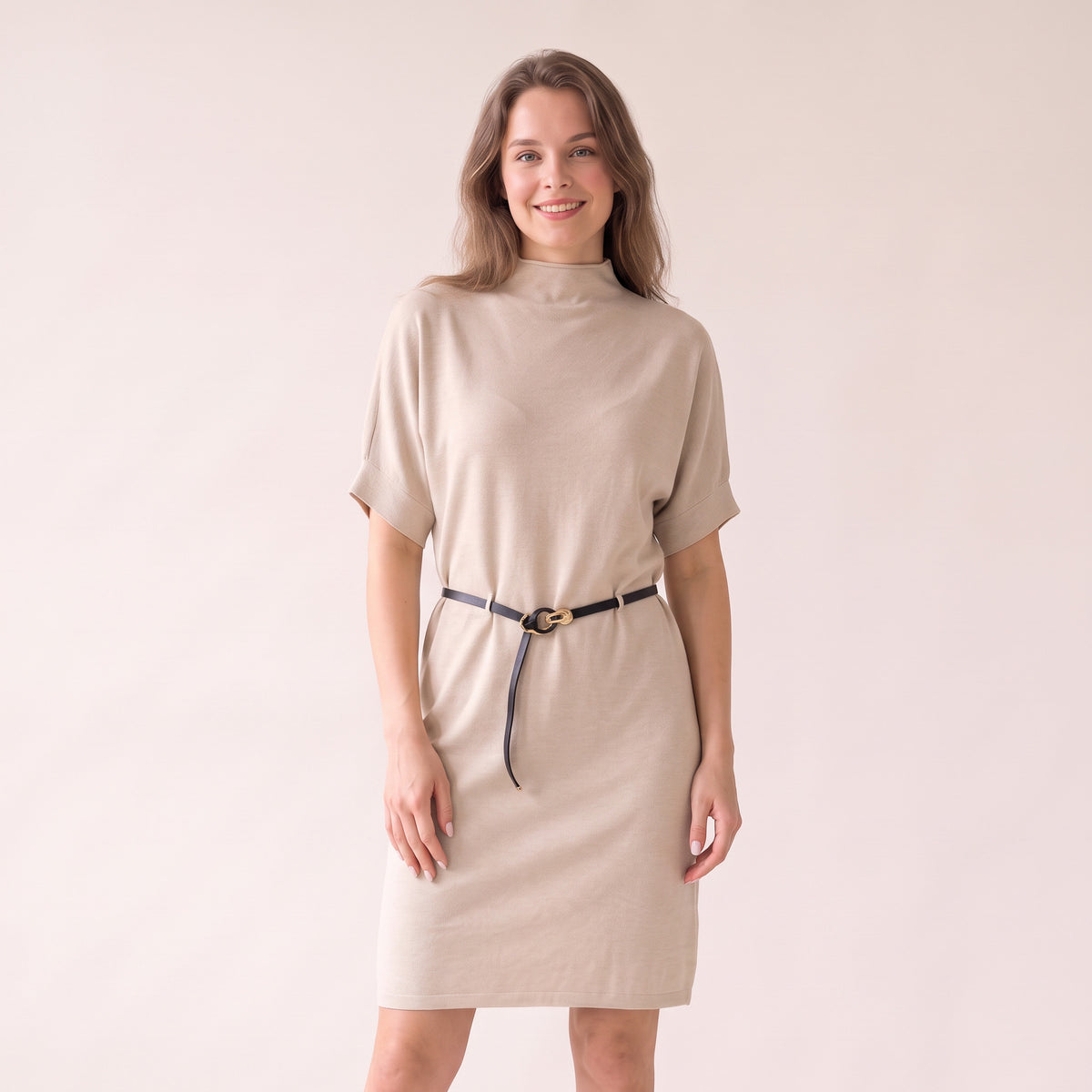 Women's Beige Midi Dress - Fall Winter Knit Dress