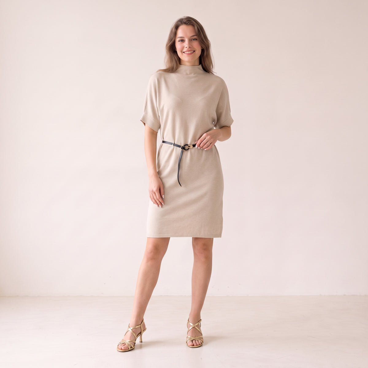 Women's Beige Midi Dress - Fall Winter Knit Dress