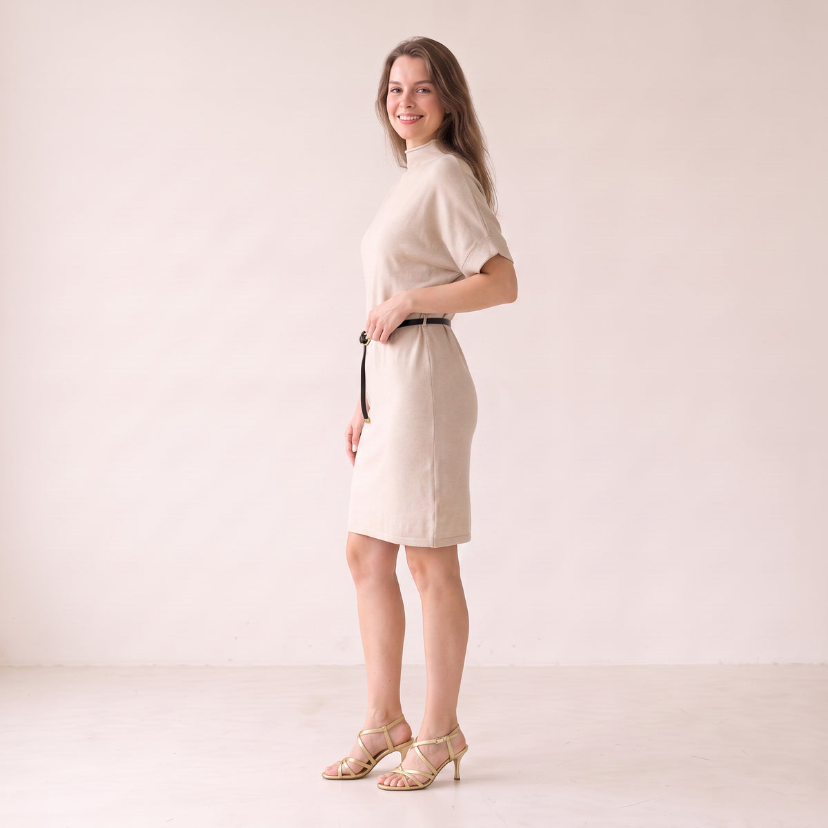 Women's Beige Midi Dress - Fall Winter Knit Dress