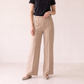 Women's Beige & Blue Tailored Buckle Pants - Relaxed Fit