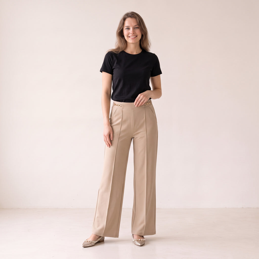 Women's Beige & Blue Tailored Buckle Pants - Relaxed Fit