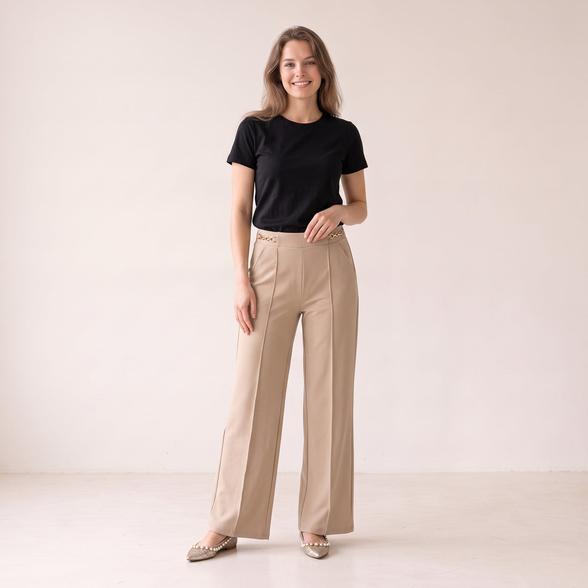 Women's Beige & Blue Tailored Buckle Pants - Relaxed Fit