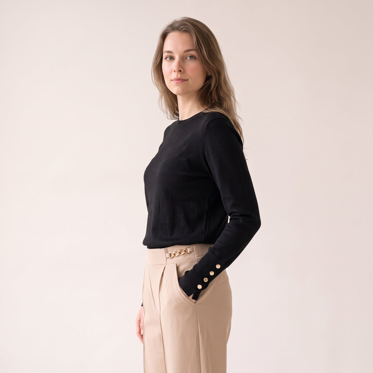 Women's Black & Beige Crew Neck Sweater