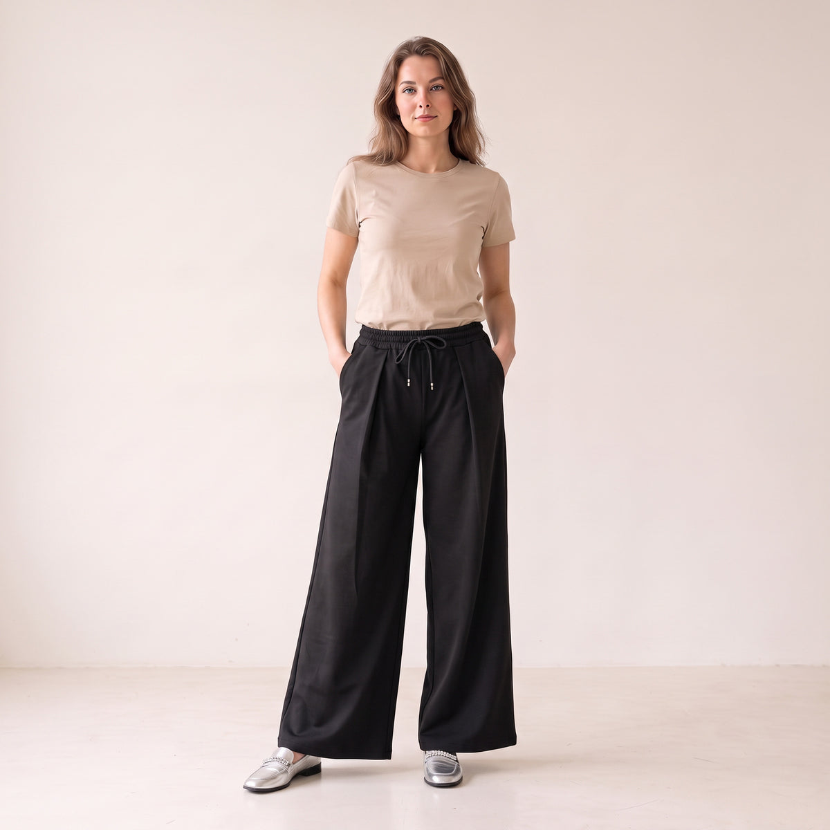 Women's Wide Leg Trousers with Adjustable Drawstring & Pleated Front
