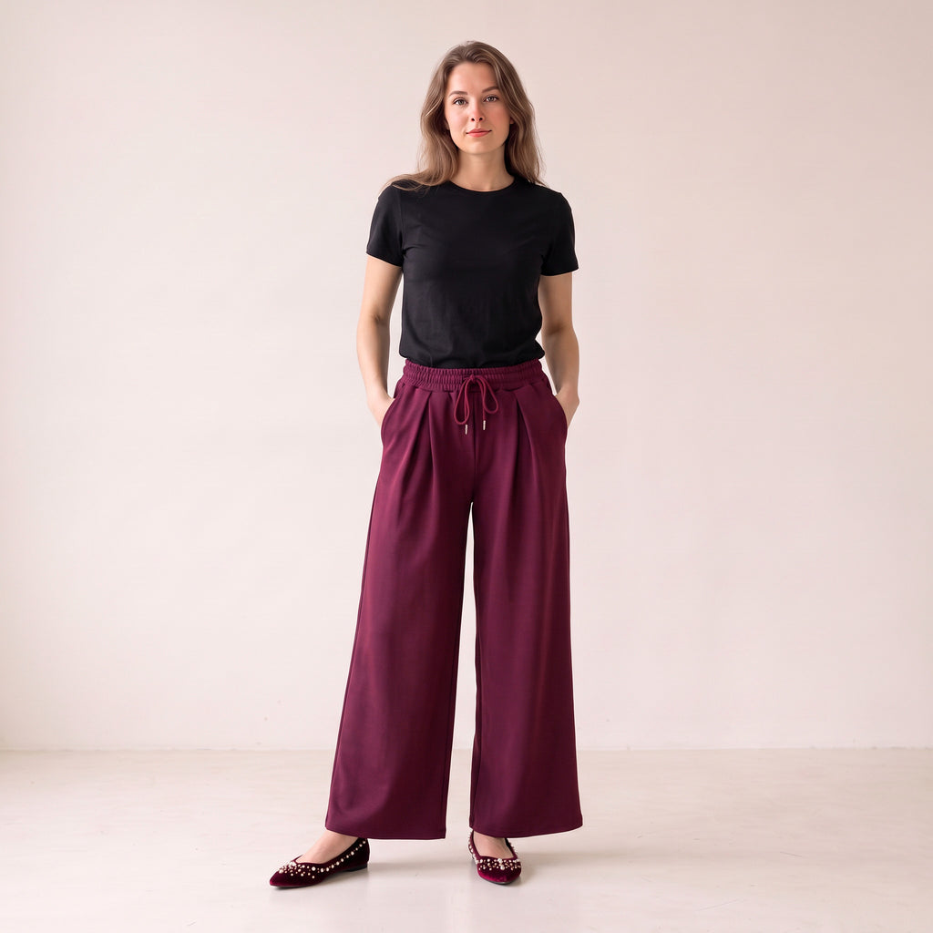 Women's Wide Leg Trousers with Adjustable Drawstring & Pleated Front