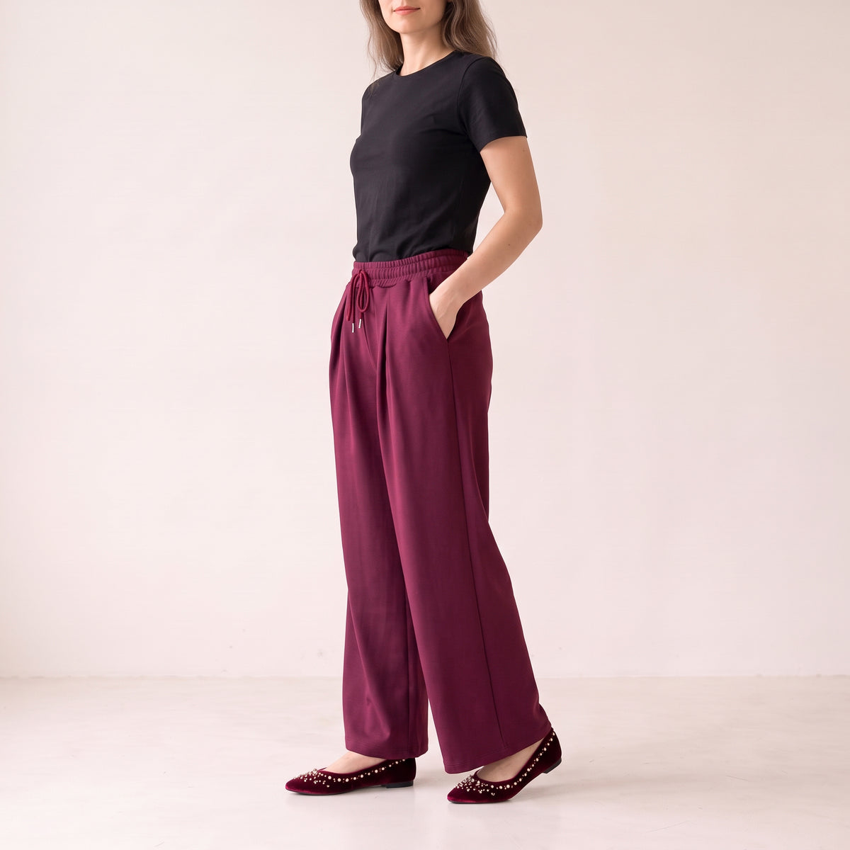 Women's Wide Leg Trousers with Adjustable Drawstring & Pleated Front