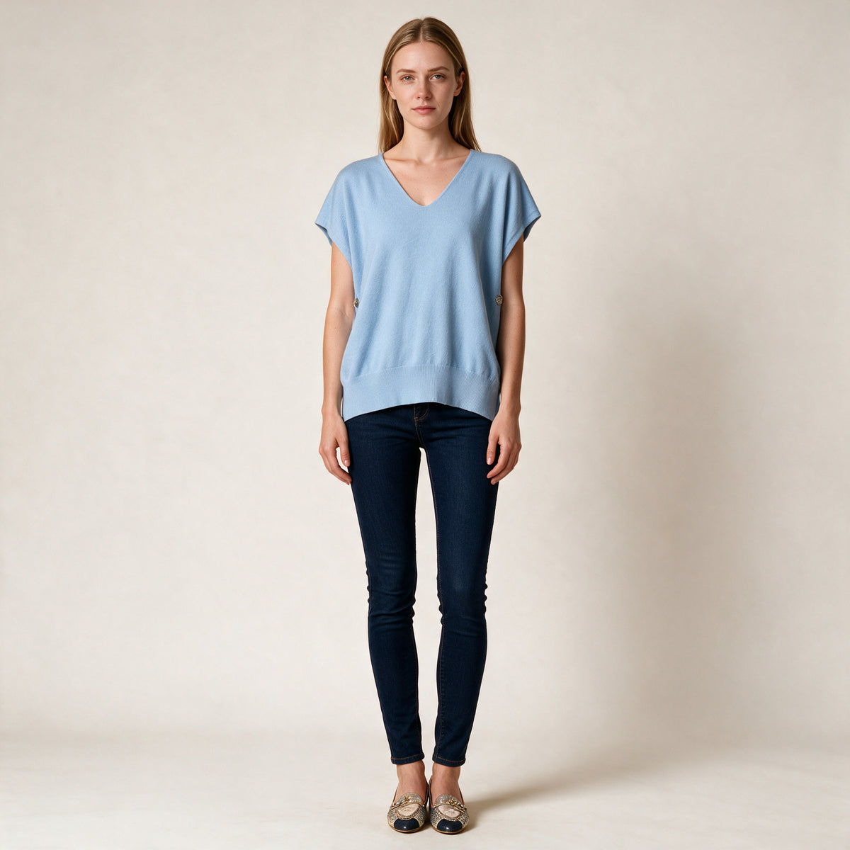 Women's Baby Blue Relaxed Fit V Neck Jumper With Side Button