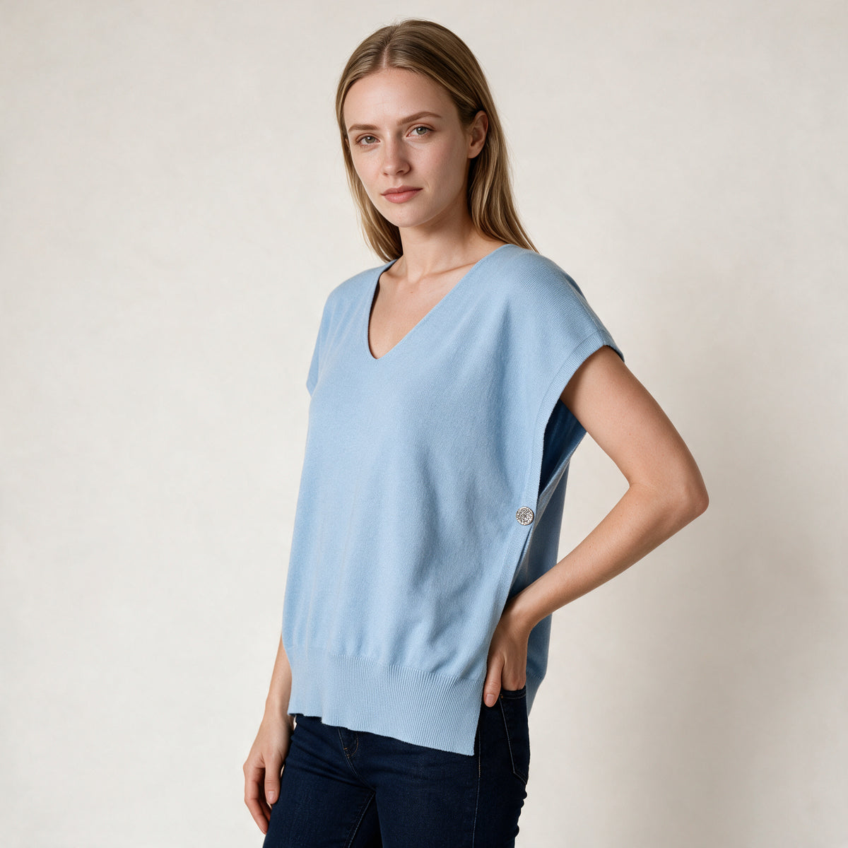 Women's Baby Blue Relaxed Fit V Neck Jumper With Side Button