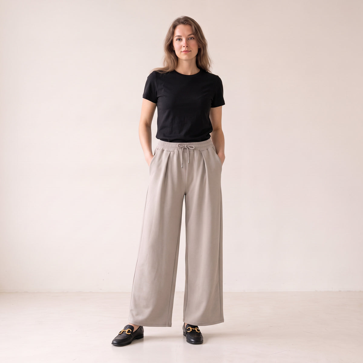 Women's Wide Leg Trousers with Adjustable Drawstring & Pleated Front