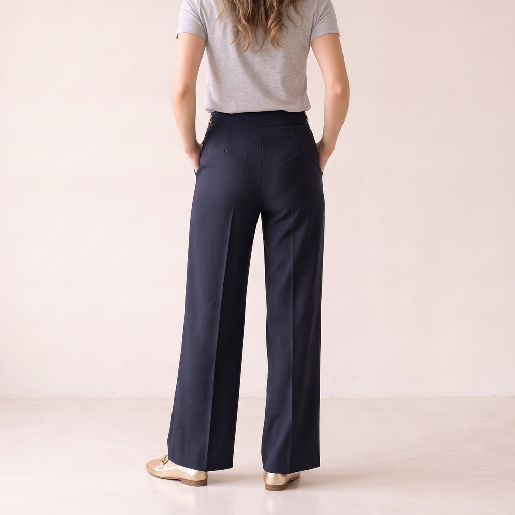 Women's Beige & Blue Tailored Buckle Pants - Relaxed Fit