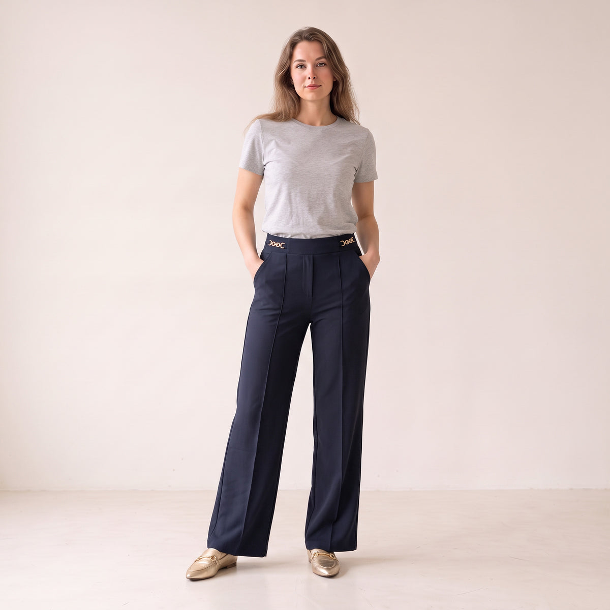 Women's Beige & Blue Tailored Buckle Pants - Relaxed Fit