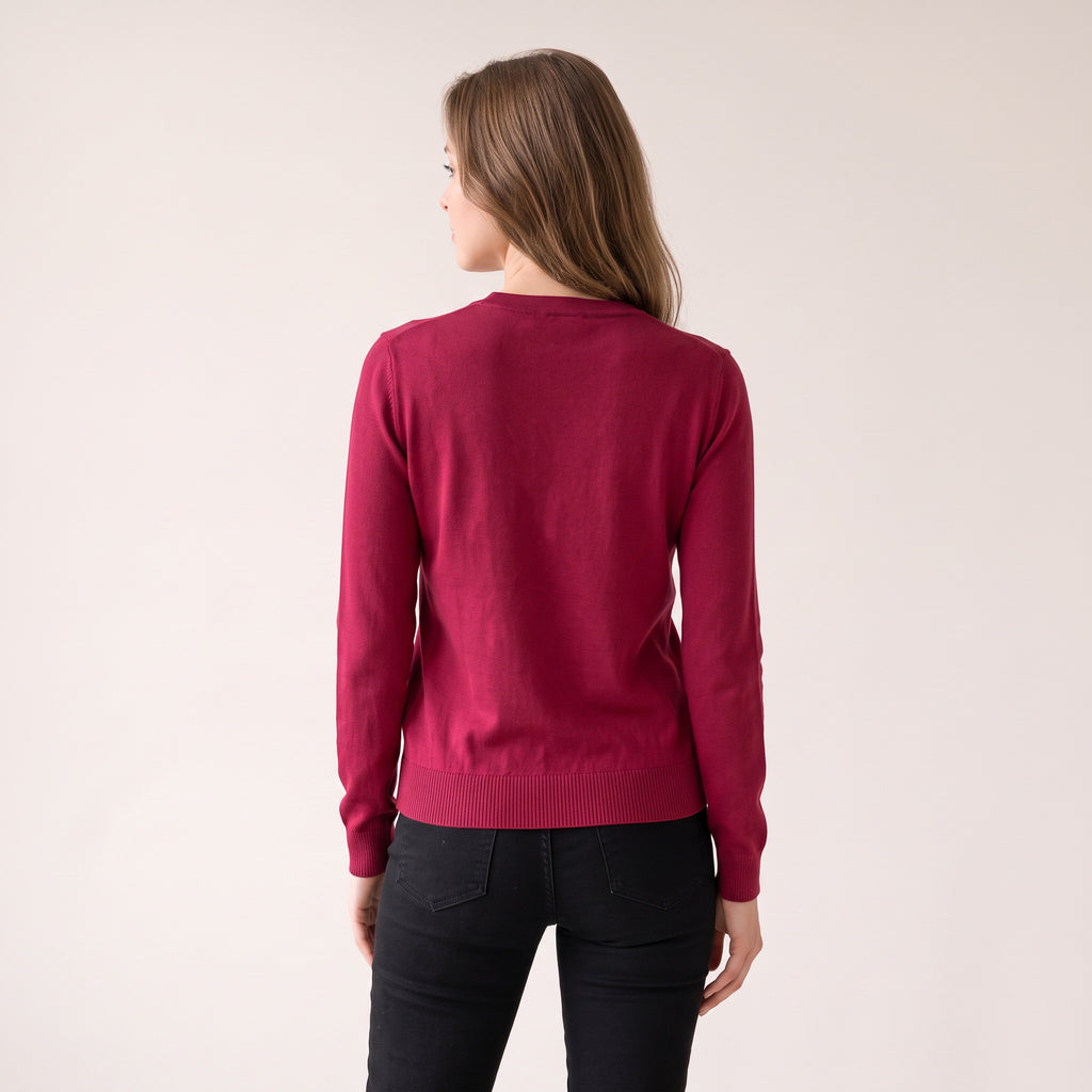 Women's Wine Red Ribbed Party Blouse - Silver Embellishment on Neckline