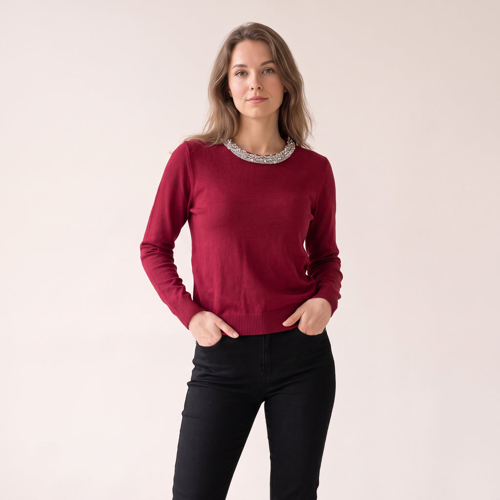 Women's Wine Red Ribbed Party Blouse - Silver Embellishment on Neckline