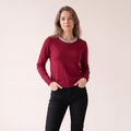 Women's Wine Red Ribbed Party Blouse - Silver Embellishment on Neckline