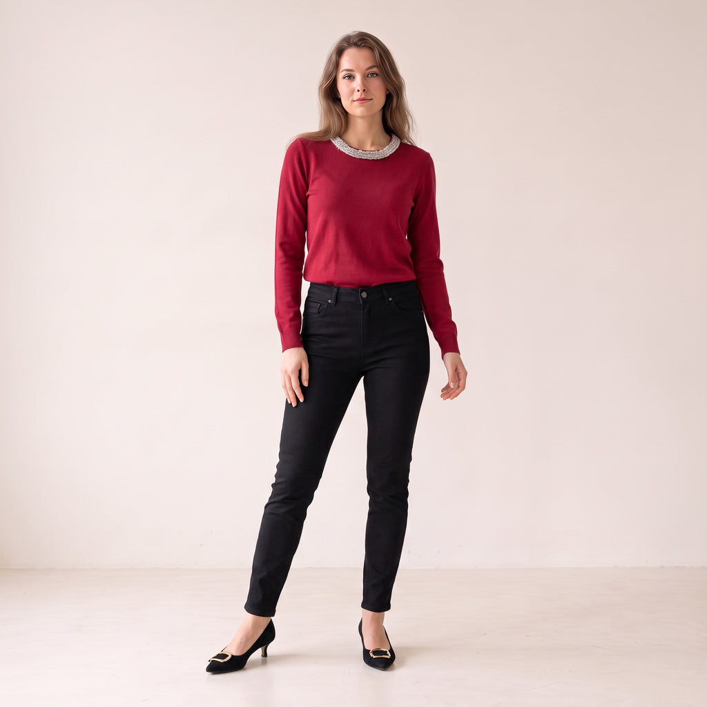 Women's Wine Red Ribbed Party Blouse - Silver Embellishment on Neckline