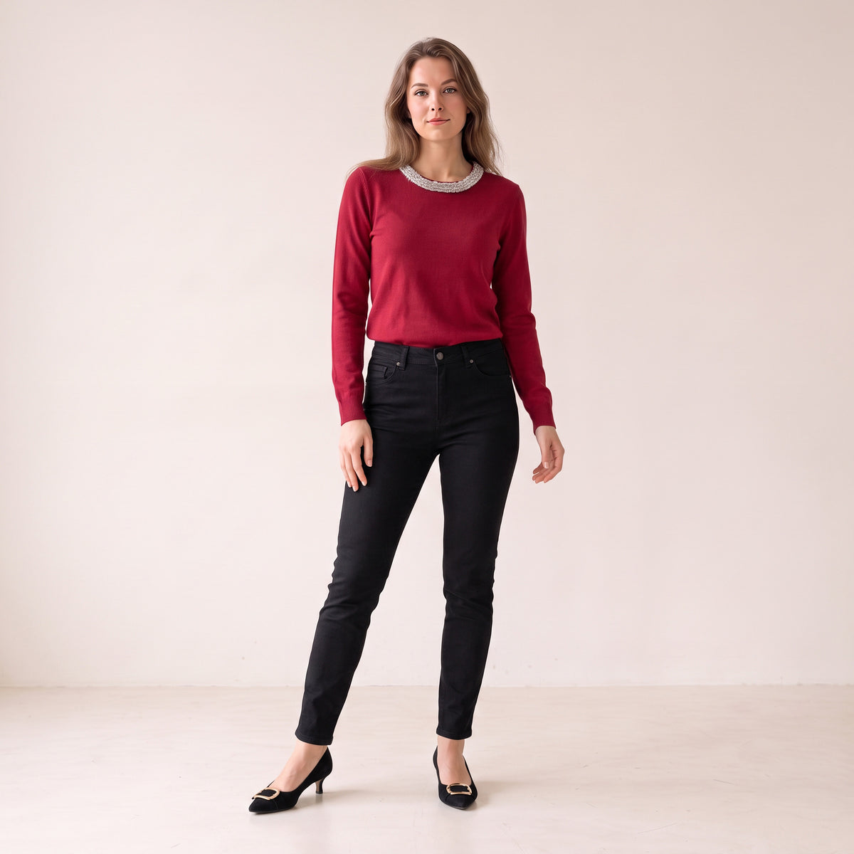 Women's Wine Red Ribbed Party Blouse - Silver Embellishment on Neckline