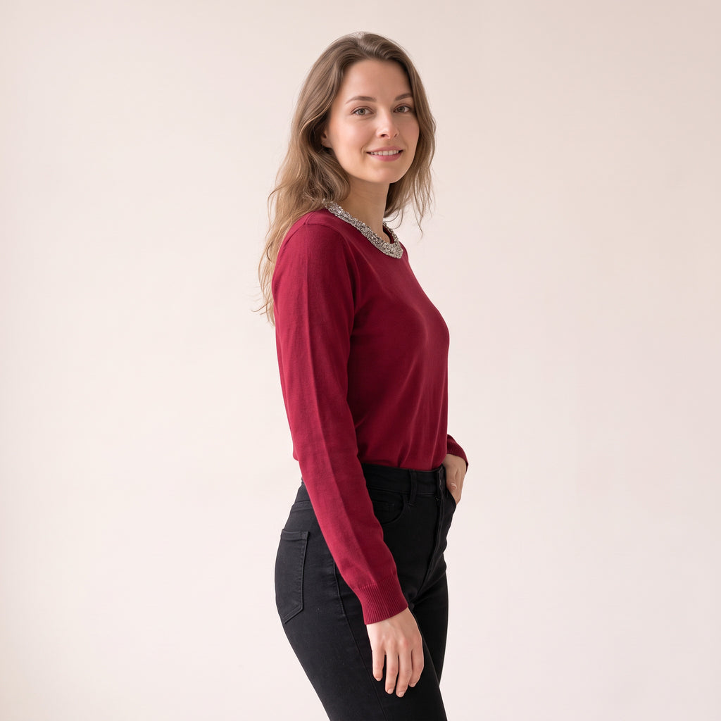 Women's Wine Red Ribbed Party Blouse - Silver Embellishment on Neckline