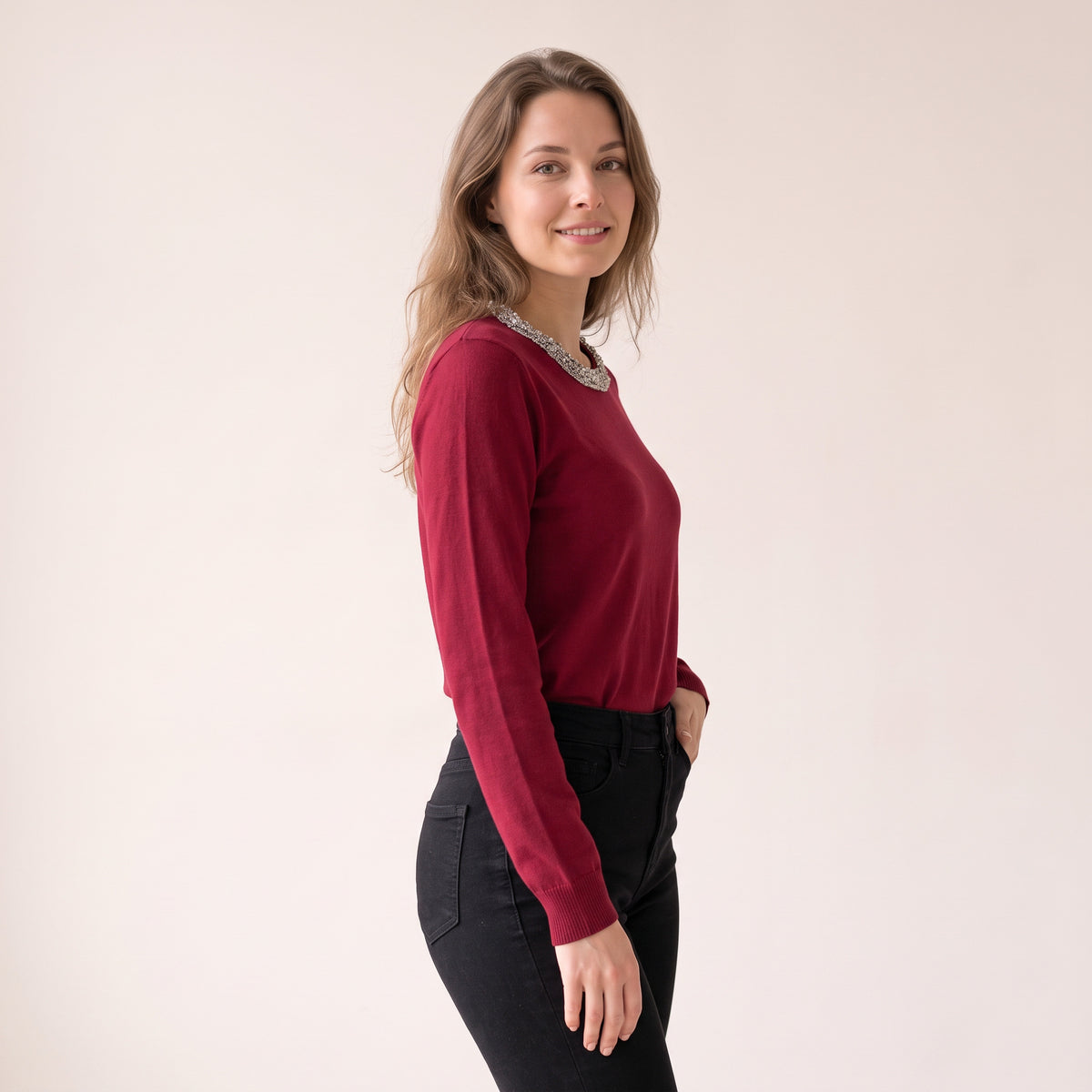 Women's Wine Red Ribbed Party Blouse - Silver Embellishment on Neckline