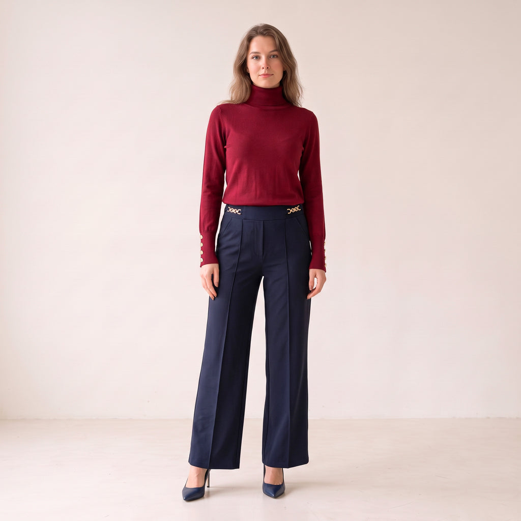 Women's Burgundy & Blue Turtle Neck Sweater With Buttons on Sleeves