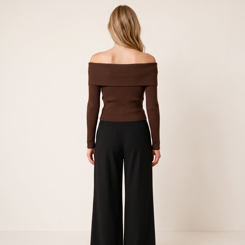 Women's  Brown Knit Off Shoulder Blouse