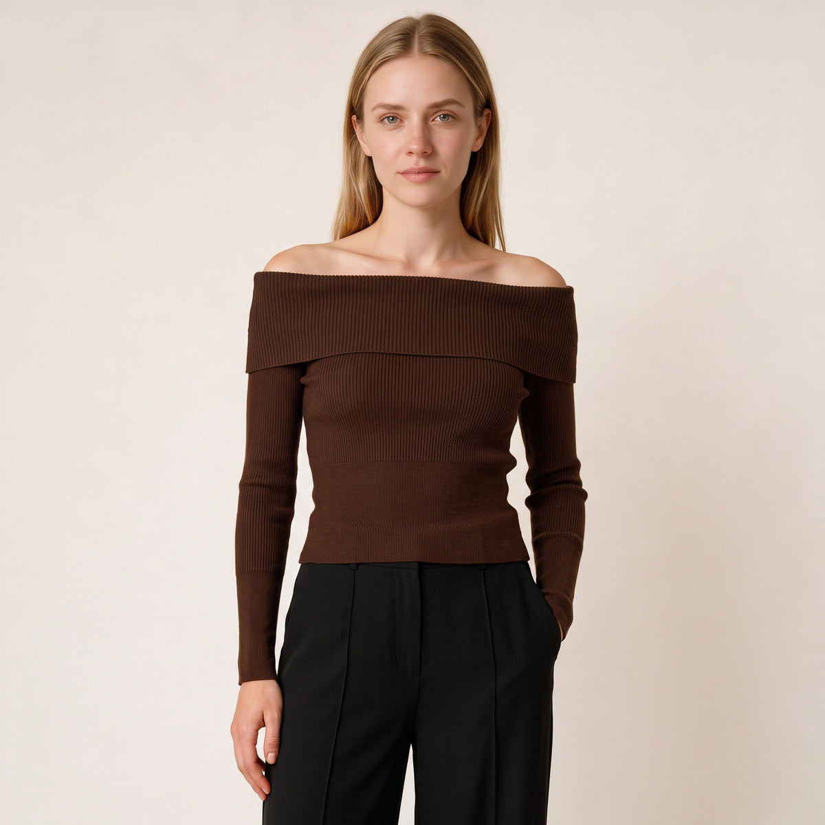 Women's  Brown Knit Off Shoulder Blouse