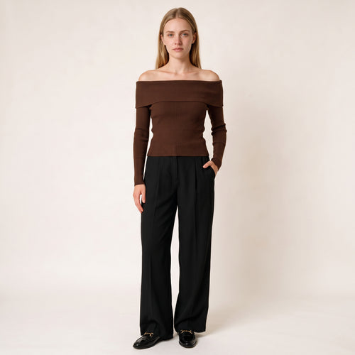 Women's  Brown Knit Off Shoulder Blouse