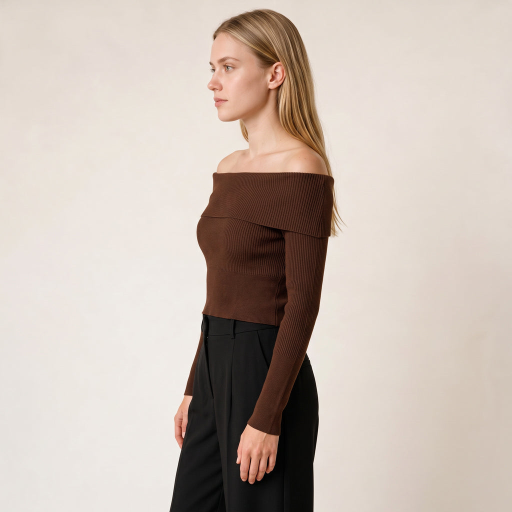 Women's  Brown Knit Off Shoulder Blouse