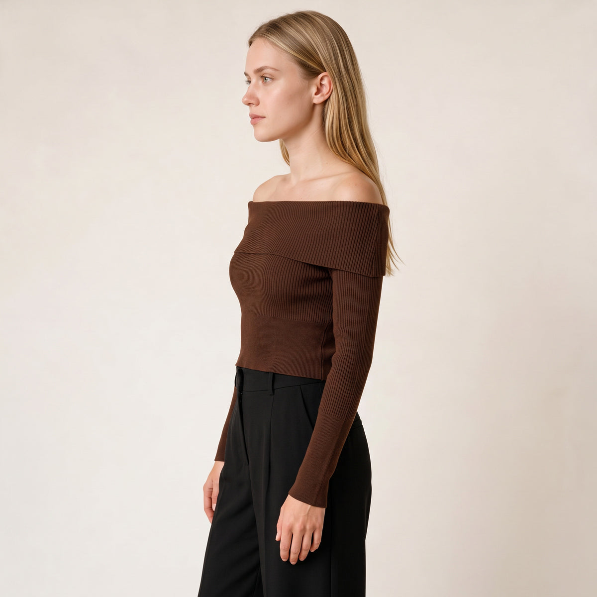 Women's  Brown Knit Off Shoulder Blouse