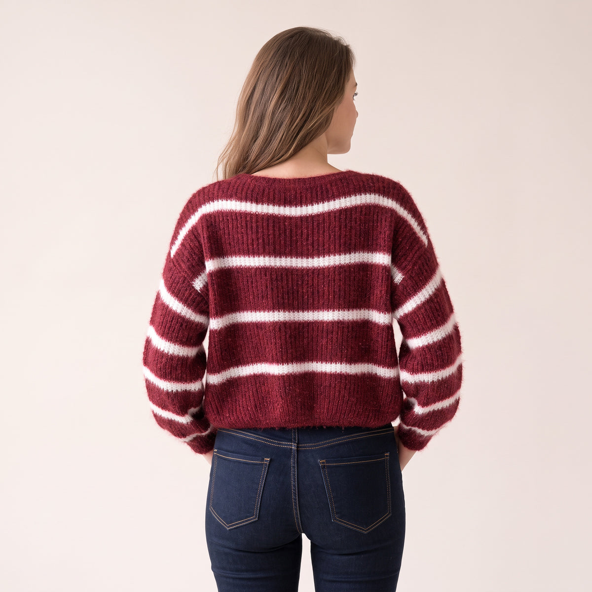Women's Burgundy Striped Boat Neck Jumper, Warm Soft Chenille Knit