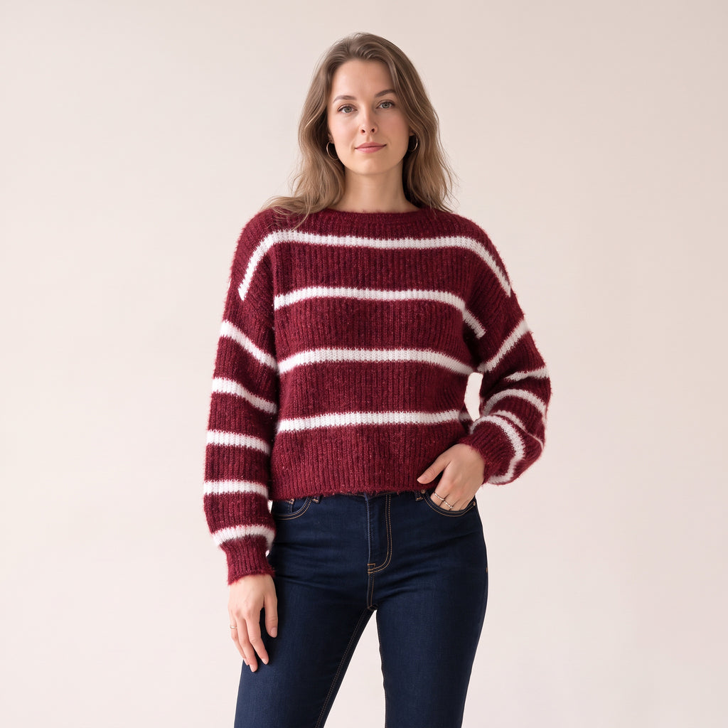 Women's Burgundy Striped Boat Neck Jumper, Warm Soft Chenille Knit