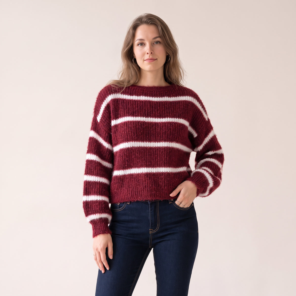 Women's Burgundy Striped Boat Neck Jumper, Warm Soft Chenille Knit