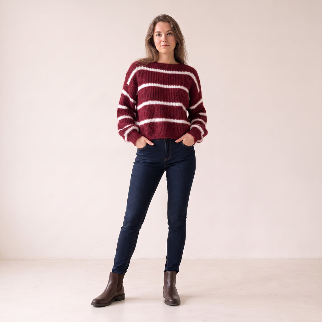Women's Burgundy Striped Boat Neck Jumper, Warm Soft Chenille Knit