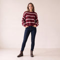 Women's Burgundy Striped Boat Neck Jumper, Warm Soft Chenille Knit