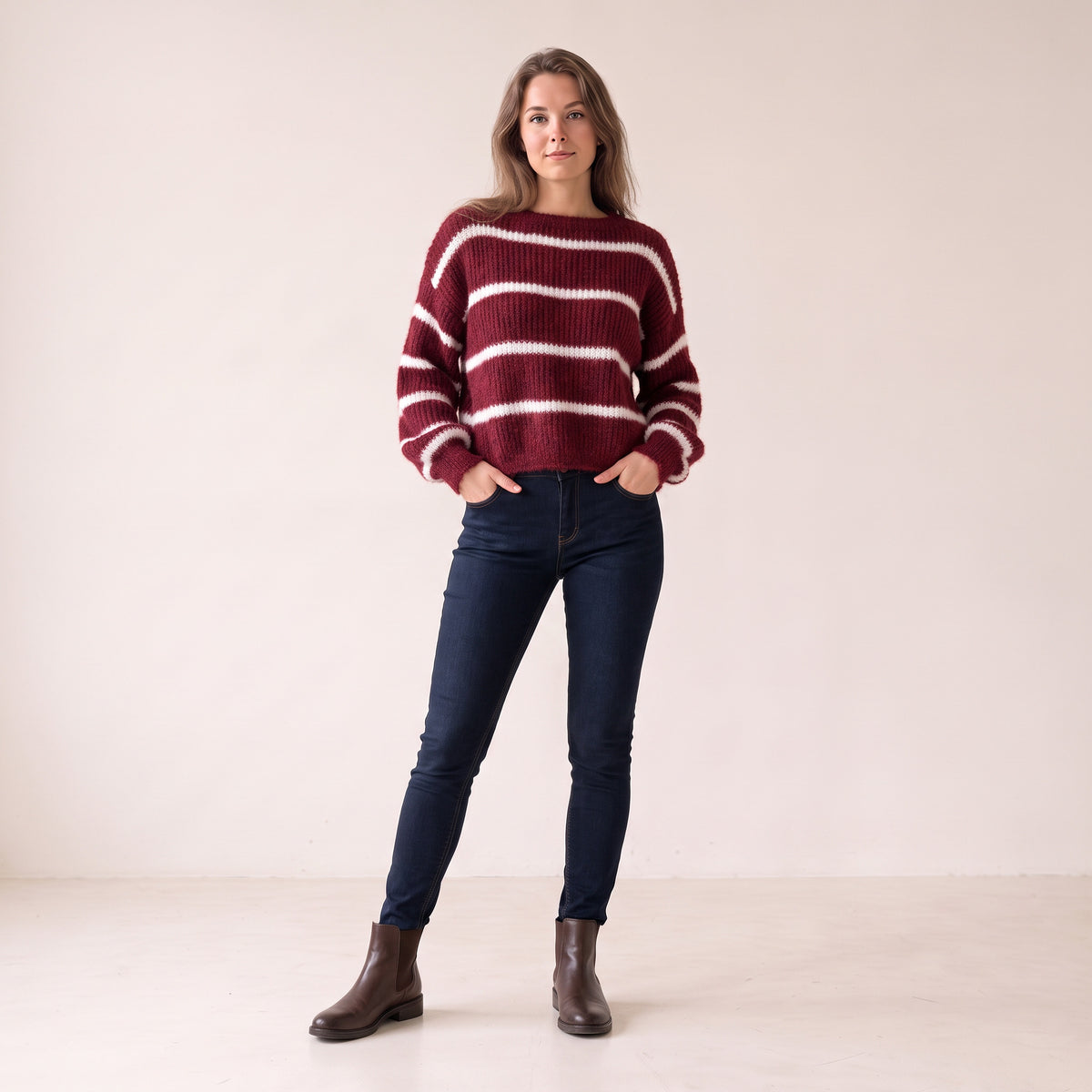 Women's Burgundy Striped Boat Neck Jumper, Warm Soft Chenille Knit