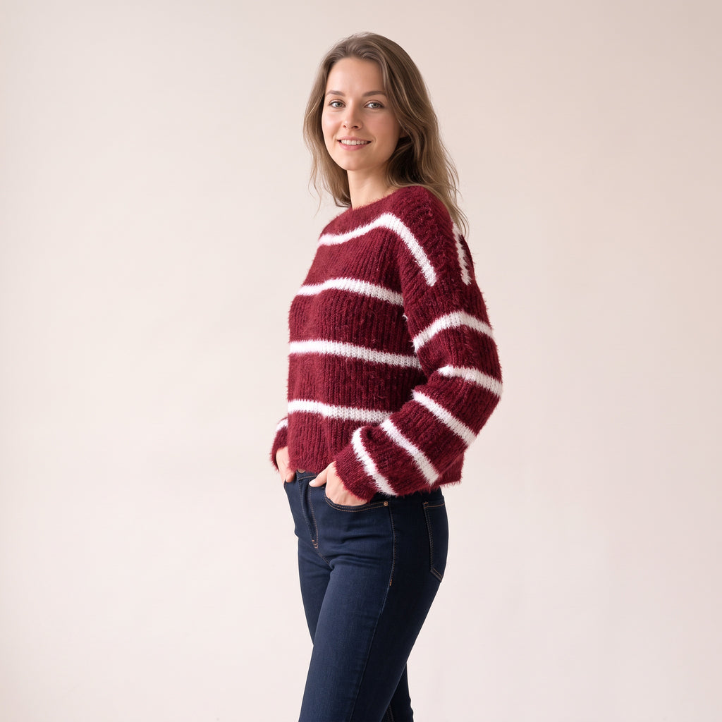 Women's Burgundy Striped Boat Neck Jumper, Warm Soft Chenille Knit