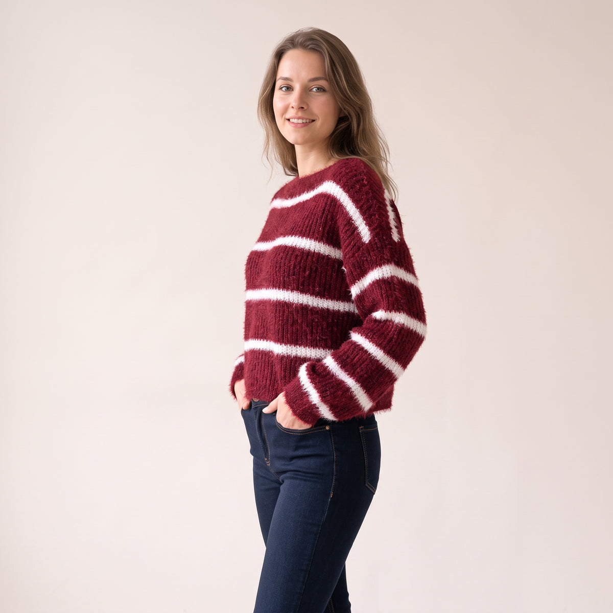 Women's Burgundy Striped Boat Neck Jumper, Warm Soft Chenille Knit