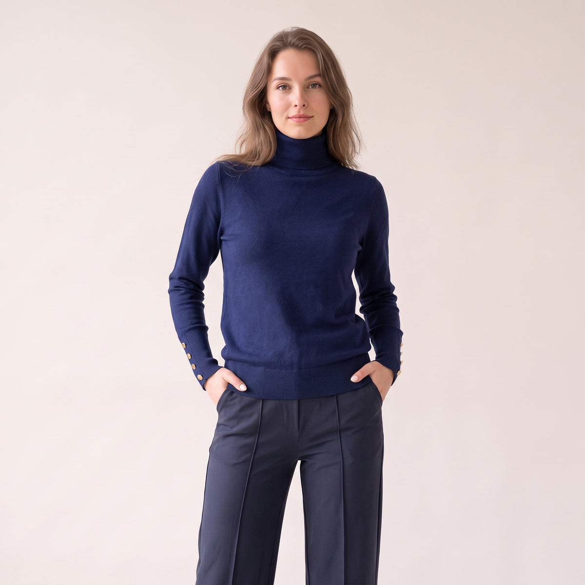 Women's Burgundy & Blue Turtle Neck Sweater With Buttons on Sleeves