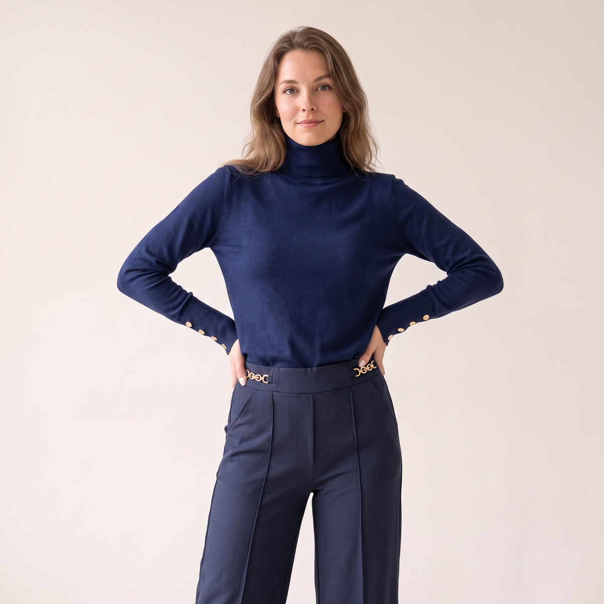 Women's Burgundy & Blue Turtle Neck Sweater With Buttons on Sleeves