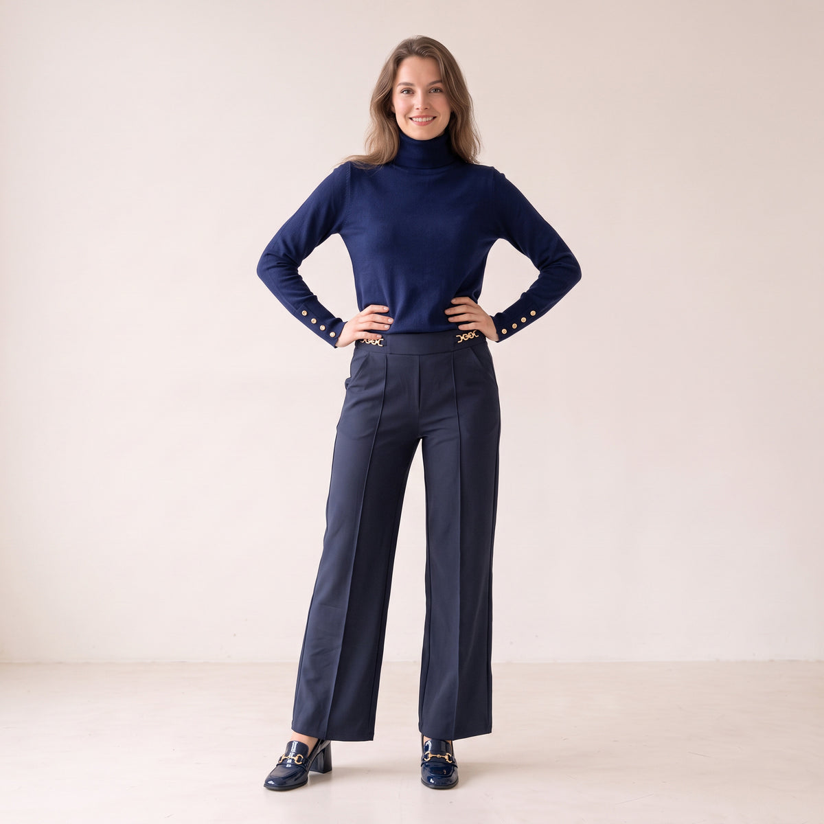 Women's Burgundy & Blue Turtle Neck Sweater With Buttons on Sleeves